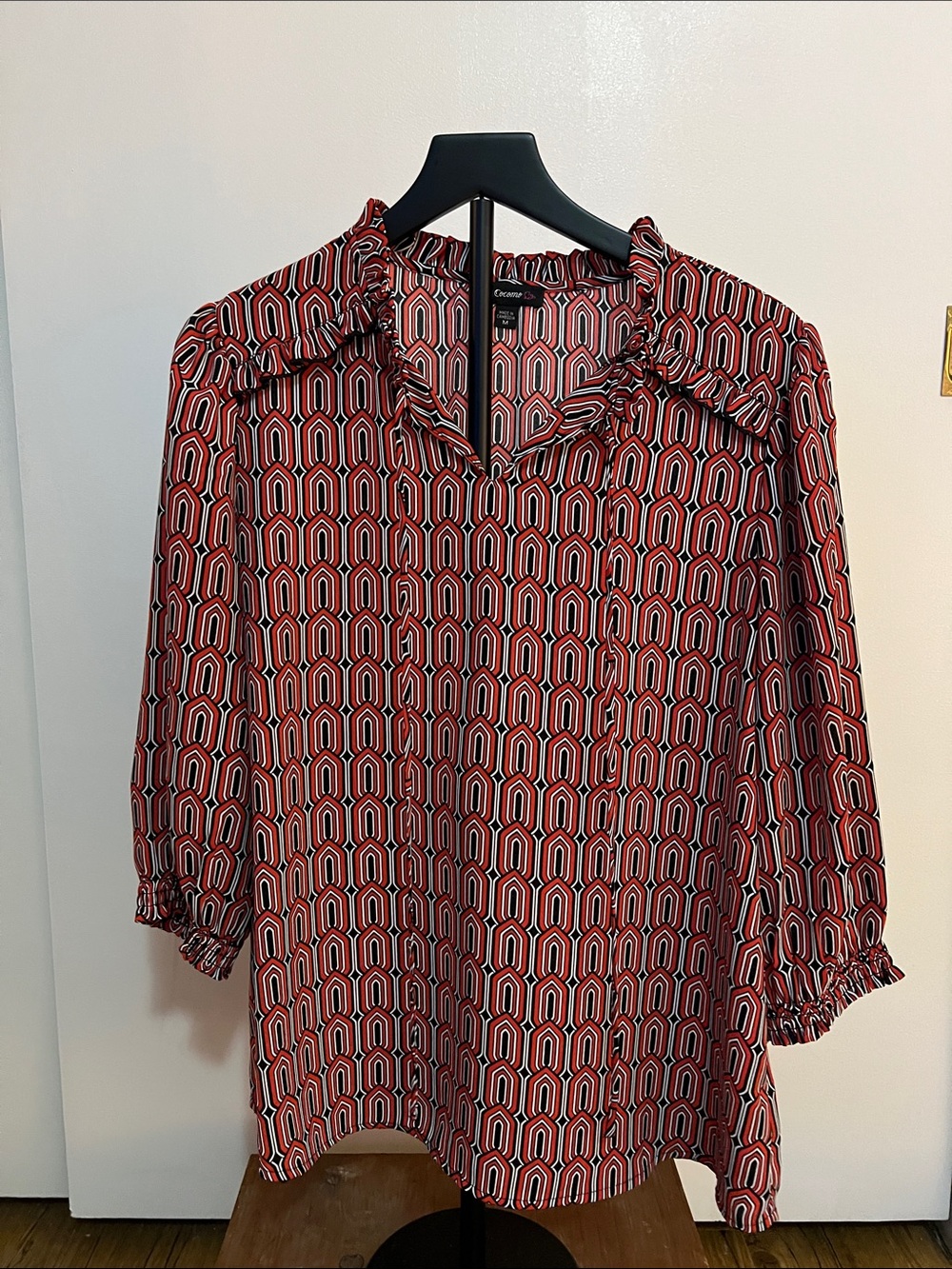 CeCe Red Geometric Ruffle-Neck Blouse